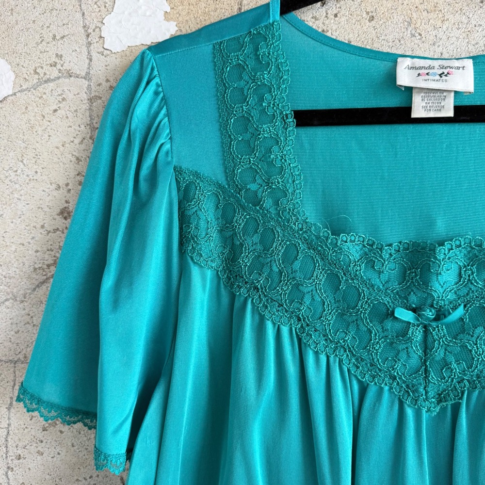 Vtg Nightgown Teal Nylon Lace Empire Waist Amanda Stewart Nightie‎ L Romantic - Picture 4 of 8